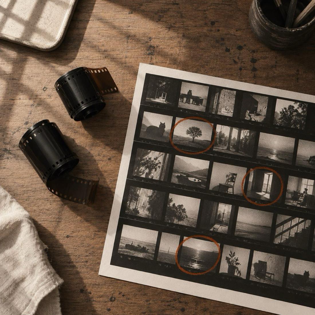 Film rolls and a marked contact sheet on a wooden table