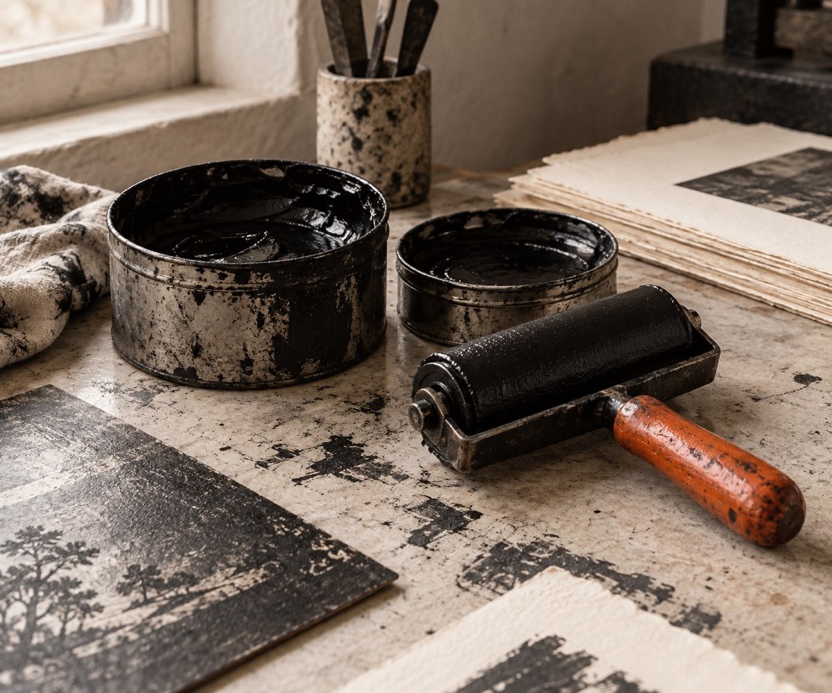 Open ink tins with a rubber brayer on a workbench