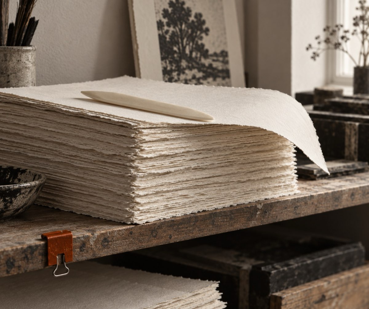 A stack of cotton printmaking paper with a bone folder
