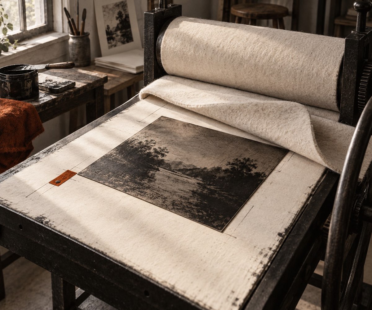 An etching press bed with an inked plate and felt blankets