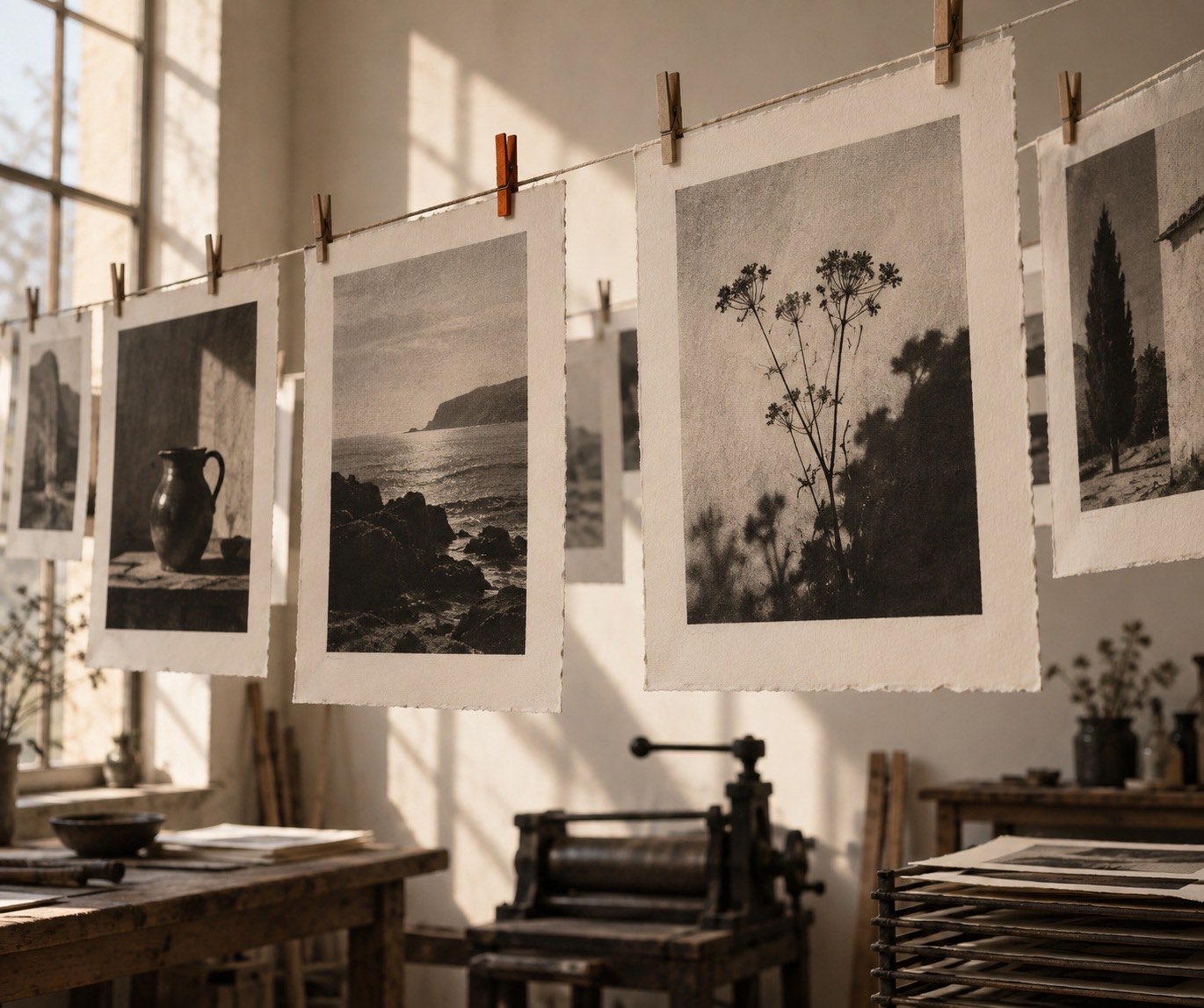 Fine-art prints drying on a line in a sunlit print studio
