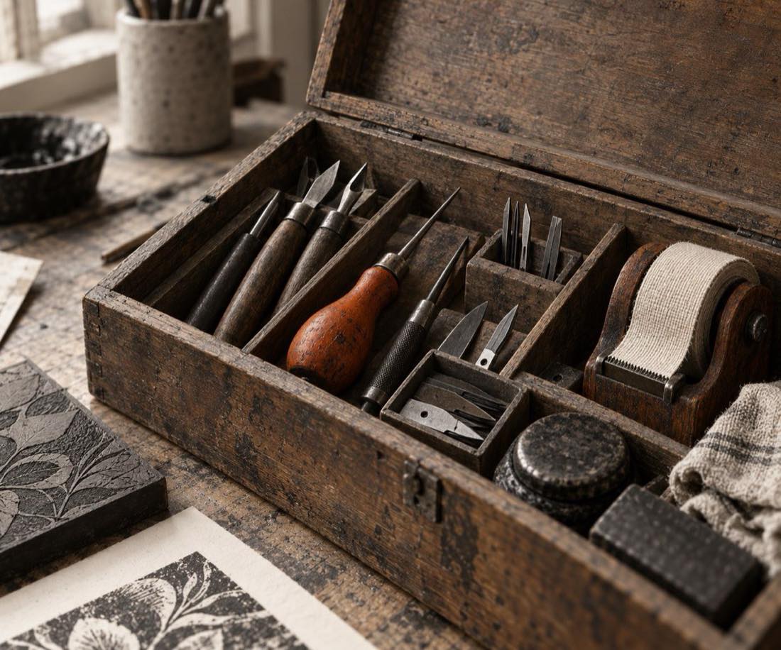 An open wooden toolbox of well-worn printmaking tools